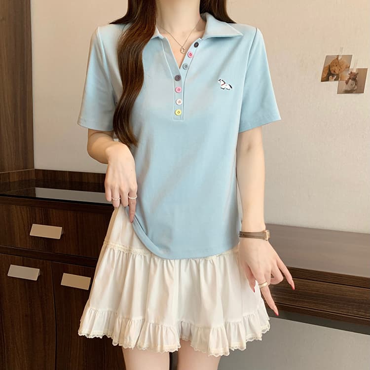 실사 2026 여름 드레스 새로운 지방 mm 빅 사이즈 여성 레저 무지개 단추 자수 작은 말 POLO 칼라 반팔 티셔츠 상세 이미지 7