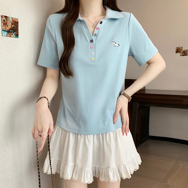 실사 2026 여름 드레스 새로운 지방 mm 빅 사이즈 여성 레저 무지개 단추 자수 작은 말 POLO 칼라 반팔 티셔츠 상세 이미지 8