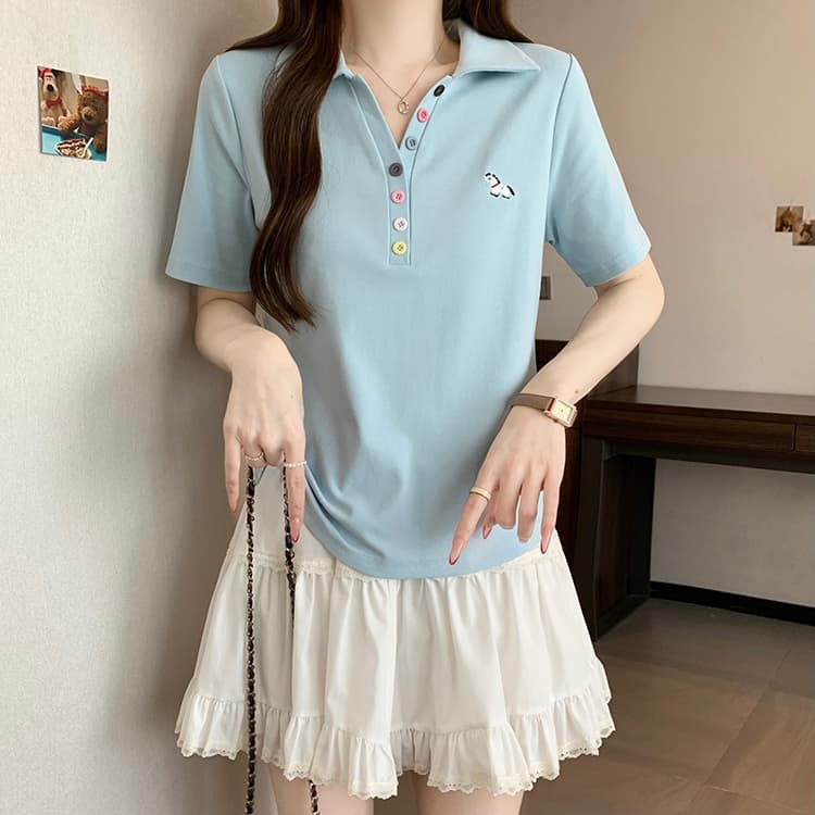 실사 2026 여름 드레스 새로운 지방 mm 빅 사이즈 여성 레저 무지개 단추 자수 작은 말 POLO 칼라 반팔 티셔츠 상세 이미지 9