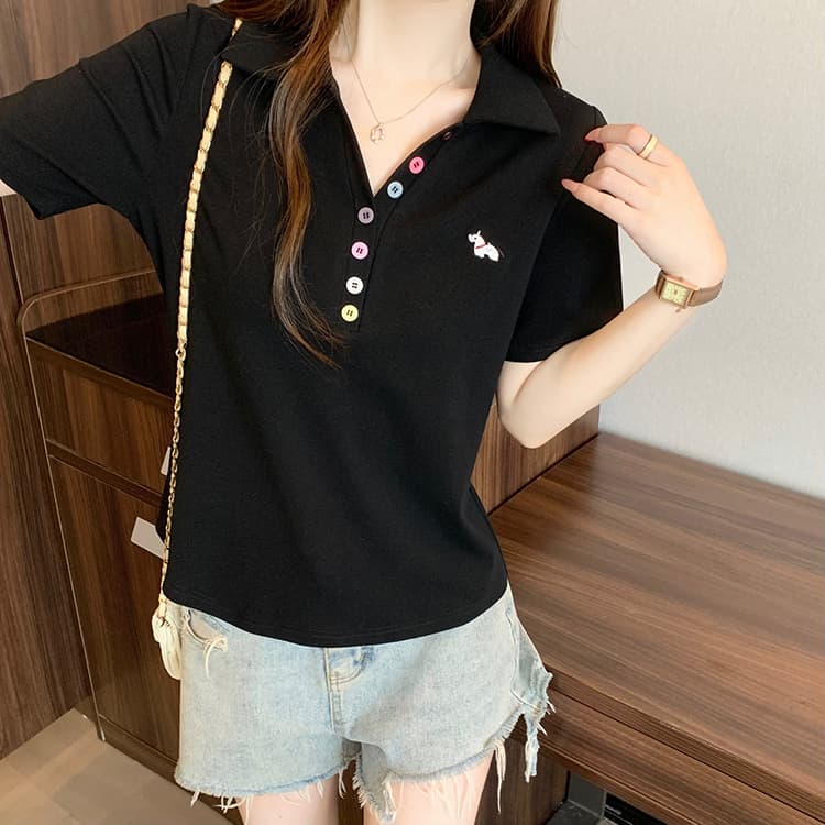 실사 2026 여름 드레스 새로운 지방 mm 빅 사이즈 여성 레저 무지개 단추 자수 작은 말 POLO 칼라 반팔 티셔츠 상세 이미지 13