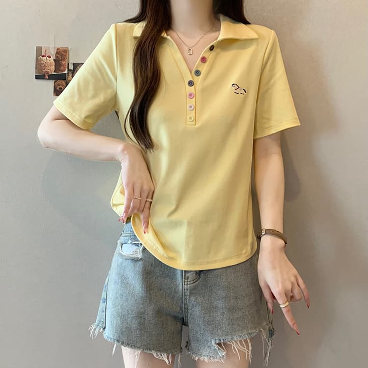 실사 2026 여름 드레스 새로운 지방 mm 빅 사이즈 여성 레저 무지개 단추 자수 작은 말 POLO 칼라 반팔 티셔츠 상세 이미지 15