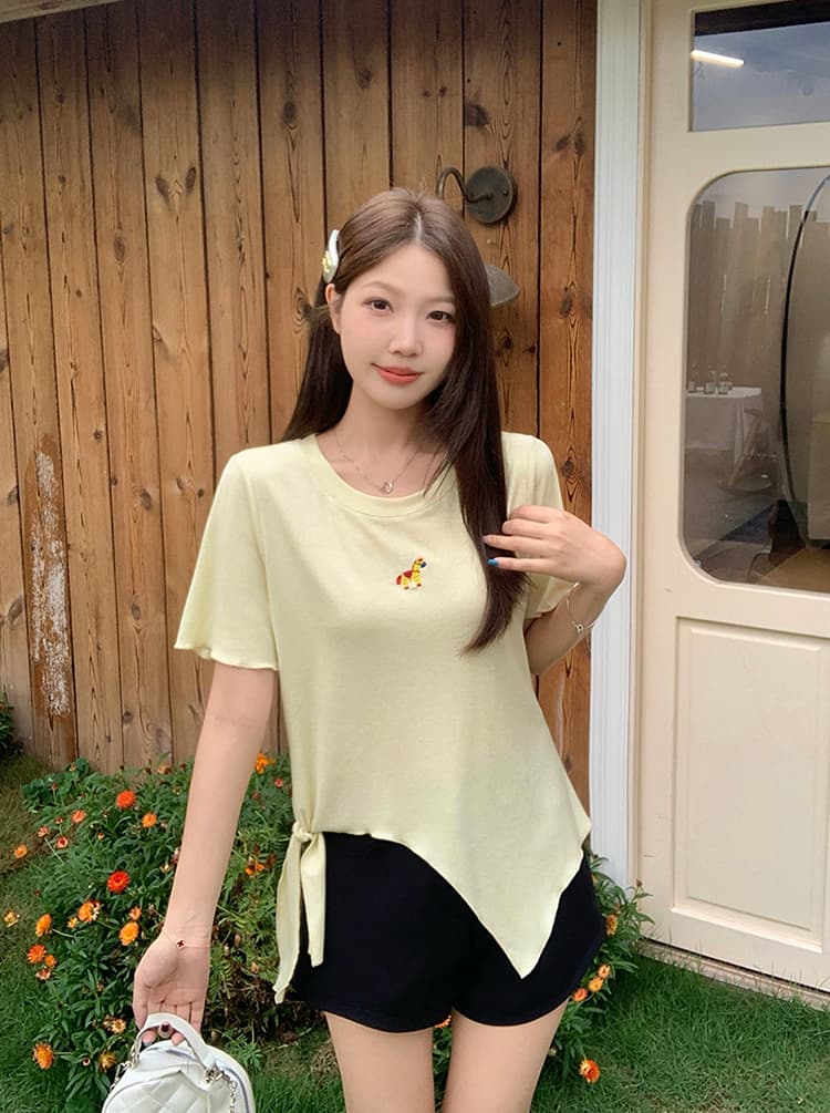실사 2026 여름 드레스 새로운 지방 mm 빅 사이즈 여성 달콤함 색상 작은 말 불규칙 스트랩 라운드 넥 반팔 티셔츠 상세 이미지 15