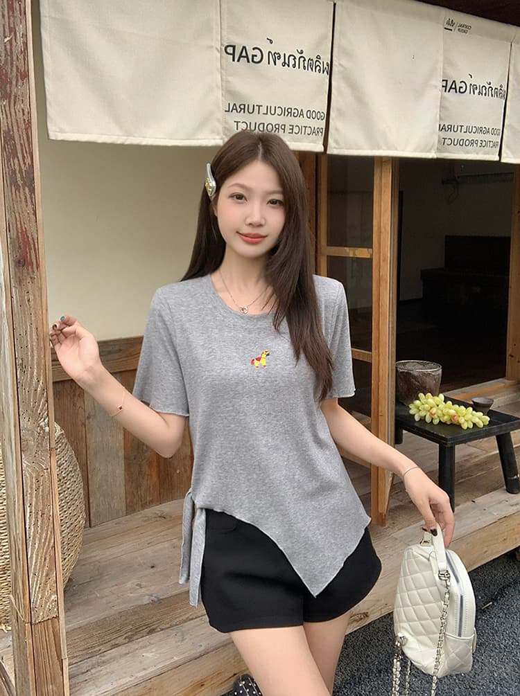 실사 2026 여름 드레스 새로운 지방 mm 빅 사이즈 여성 달콤함 색상 작은 말 불규칙 스트랩 라운드 넥 반팔 티셔츠 상세 이미지 19