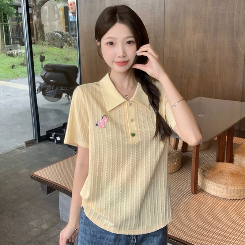 실사 2026 여름 드레스 새로운 지방 mm 빅 사이즈 여성 한 부서 POLO 칼라 단추 꽈배기 반팔 니트 맨위 이미지 5
