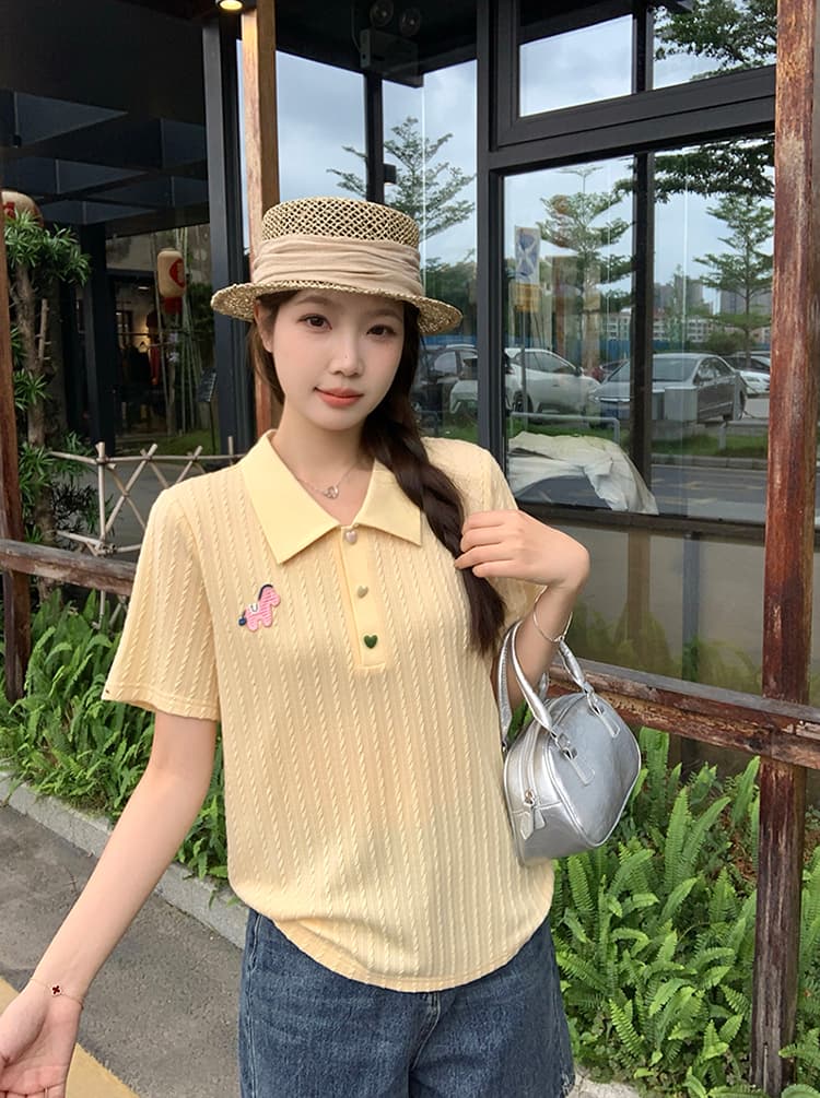 실사 2026 여름 드레스 새로운 지방 mm 빅 사이즈 여성 한 부서 POLO 칼라 단추 꽈배기 반팔 니트 맨위 상세 이미지 9