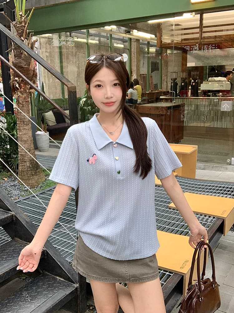 실사 2026 여름 드레스 새로운 지방 mm 빅 사이즈 여성 한 부서 POLO 칼라 단추 꽈배기 반팔 니트 맨위 상세 이미지 15