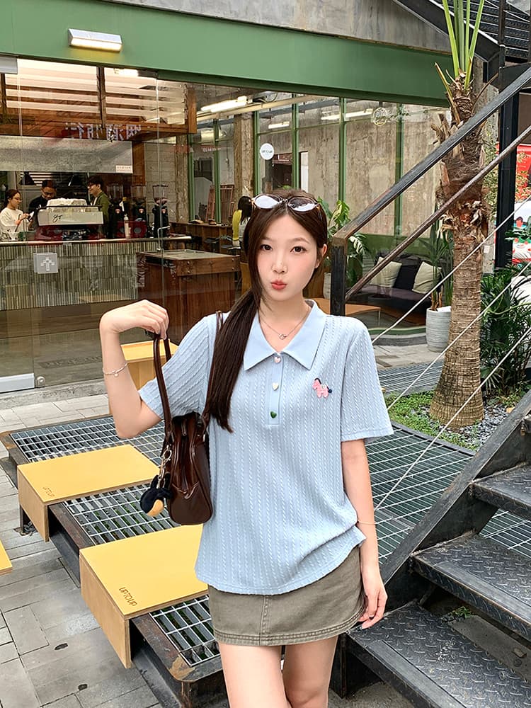 실사 2026 여름 드레스 새로운 지방 mm 빅 사이즈 여성 한 부서 POLO 칼라 단추 꽈배기 반팔 니트 맨위 상세 이미지 22