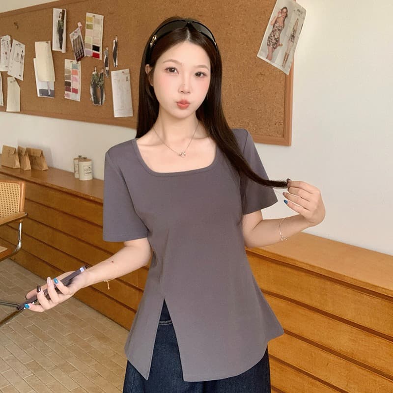 실사 2026 여름 드레스 새로운 지방 mm 빅 사이즈 여성 레저 품격 광장 칼라 불규칙 트임 반팔 티셔츠 이미지 5