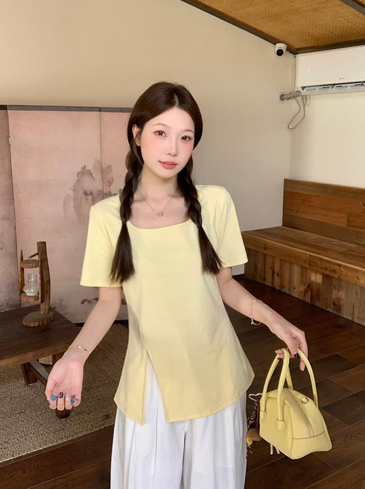 실사 2026 여름 드레스 새로운 지방 mm 빅 사이즈 여성 레저 품격 광장 칼라 불규칙 트임 반팔 티셔츠 상세 이미지 4