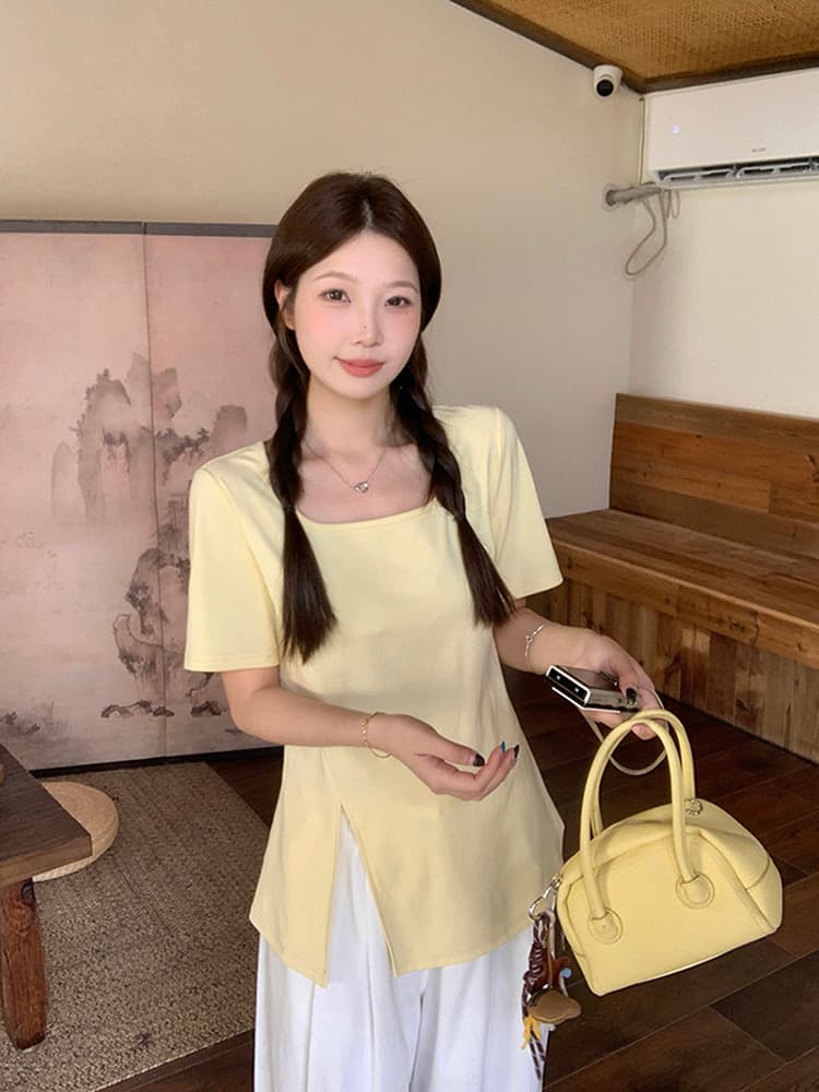 실사 2026 여름 드레스 새로운 지방 mm 빅 사이즈 여성 레저 품격 광장 칼라 불규칙 트임 반팔 티셔츠 상세 이미지 8