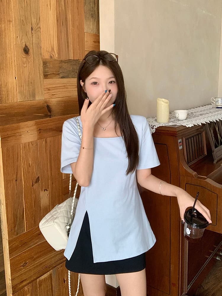 실사 2026 여름 드레스 새로운 지방 mm 빅 사이즈 여성 레저 품격 광장 칼라 불규칙 트임 반팔 티셔츠 상세 이미지 14