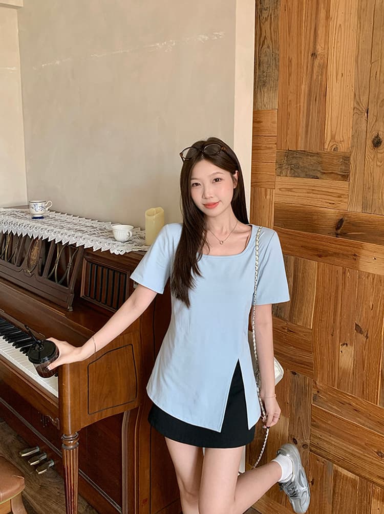 실사 2026 여름 드레스 새로운 지방 mm 빅 사이즈 여성 레저 품격 광장 칼라 불규칙 트임 반팔 티셔츠 상세 이미지 15