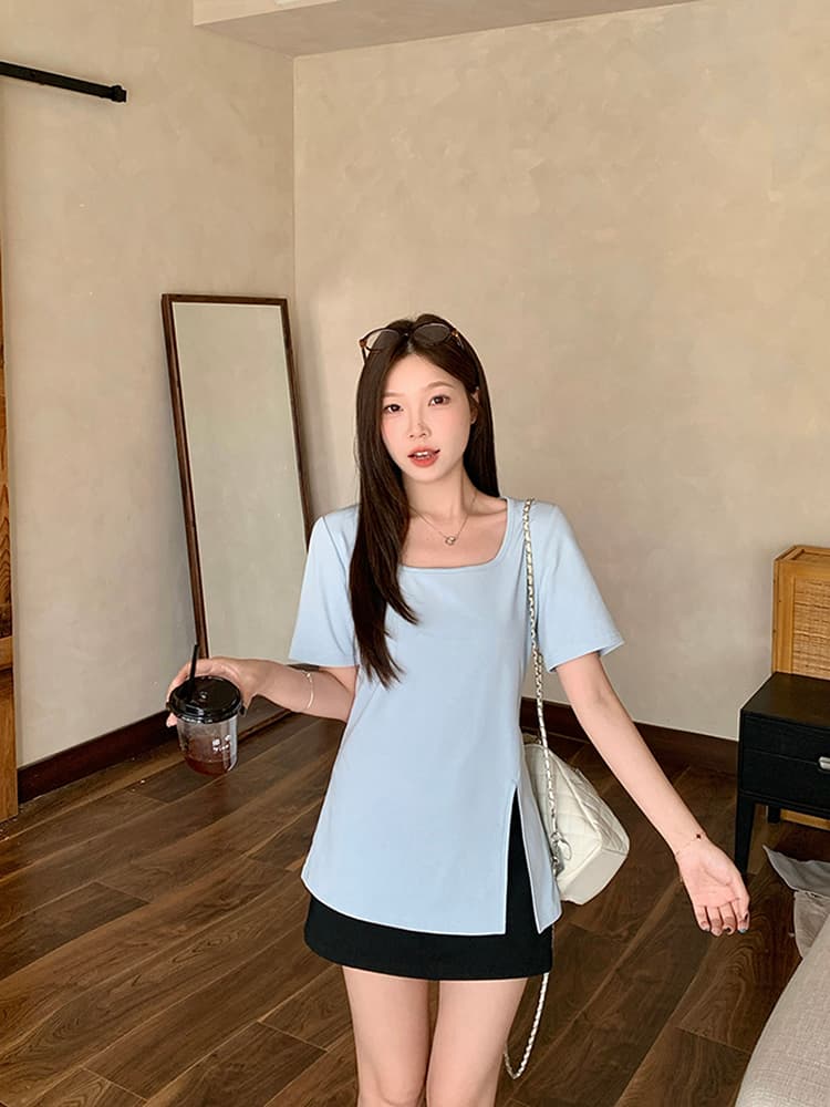 실사 2026 여름 드레스 새로운 지방 mm 빅 사이즈 여성 레저 품격 광장 칼라 불규칙 트임 반팔 티셔츠 상세 이미지 18