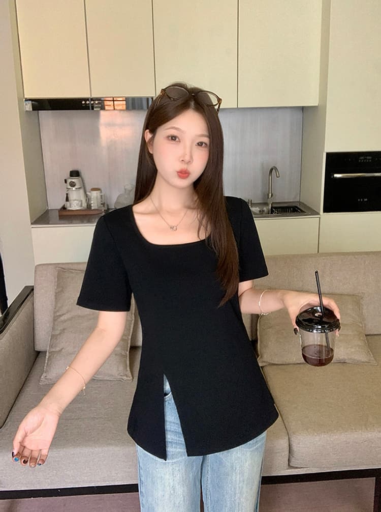 실사 2026 여름 드레스 새로운 지방 mm 빅 사이즈 여성 레저 품격 광장 칼라 불규칙 트임 반팔 티셔츠 상세 이미지 23