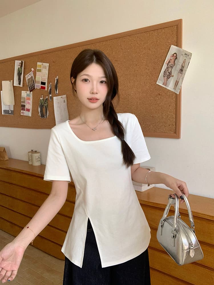 실사 2026 여름 드레스 새로운 지방 mm 빅 사이즈 여성 레저 품격 광장 칼라 불규칙 트임 반팔 티셔츠 상세 이미지 24