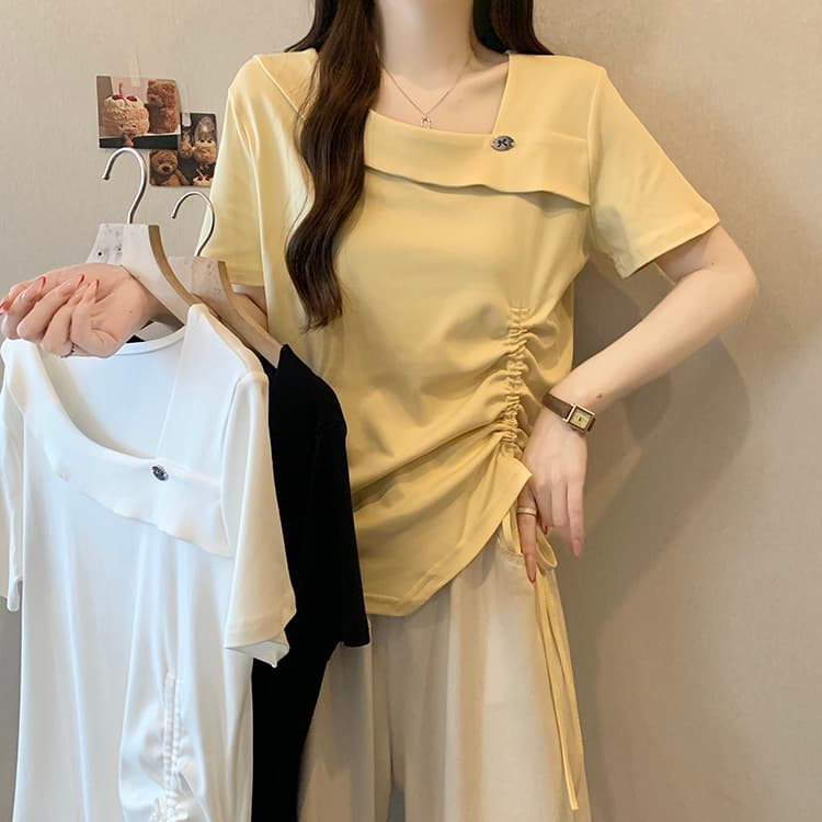 실사 2026 여름 드레스 새로운 지방 mm 빅 사이즈 여성 달콤함 캐주얼 비스듬한 칼라 펌프 로프 불규칙 반팔 티셔츠 상세 이미지 13