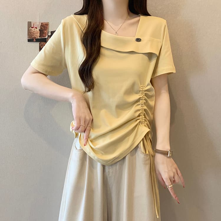 실사 2026 여름 드레스 새로운 지방 mm 빅 사이즈 여성 달콤함 캐주얼 비스듬한 칼라 펌프 로프 불규칙 반팔 티셔츠 상세 이미지 14