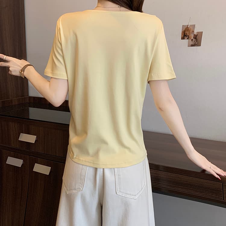 실사 2026 여름 드레스 새로운 지방 mm 빅 사이즈 여성 달콤함 캐주얼 비스듬한 칼라 펌프 로프 불규칙 반팔 티셔츠 상세 이미지 21