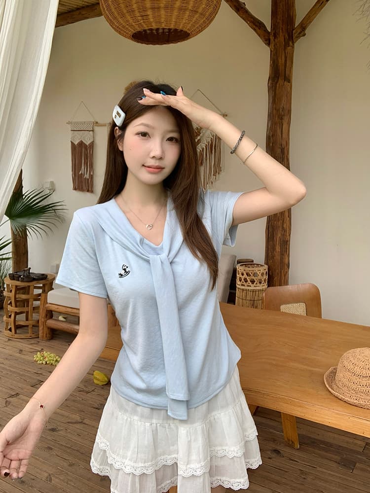 실사 2026 여름 드레스 새로운 지방 mm 빅 사이즈 여성 레저 품격 만화 자수 숄 긍정적 인 어깨 반팔 티셔츠 상세 이미지 15