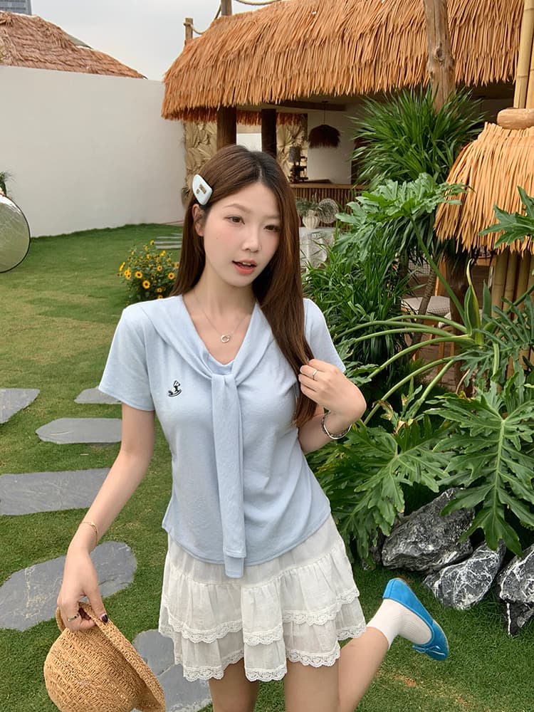 실사 2026 여름 드레스 새로운 지방 mm 빅 사이즈 여성 레저 품격 만화 자수 숄 긍정적 인 어깨 반팔 티셔츠 상세 이미지 21