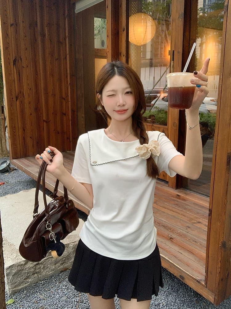 실사 2026 여름 드레스 새로운 지방 mm 빅 사이즈 여성 한 부서 캐주얼 연령 감소 디자인 센스 꼬집기 허리 곡선 반팔 티셔츠 상세 이미지 4