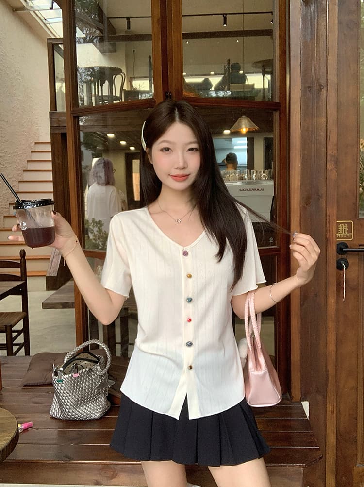 실사 2026 여름 드레스 새로운 지방 mm 빅 사이즈 여성 패션 Chic V넥 무지개 단추 작은 셔츠 반팔 맨위 상세 이미지 7