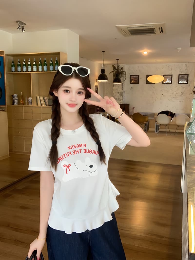 실사 2026 여름 드레스 새로운 지방 mm 빅 사이즈 여성 달콤함 만화 프린트 강아지 프릴 반팔 티셔츠 이미지 3