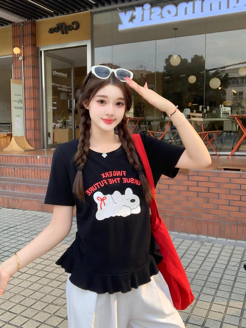 실사 2026 여름 드레스 새로운 지방 mm 빅 사이즈 여성 달콤함 만화 프린트 강아지 프릴 반팔 티셔츠 이미지 2