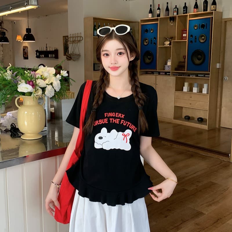 실사 2026 여름 드레스 새로운 지방 mm 빅 사이즈 여성 달콤함 만화 프린트 강아지 프릴 반팔 티셔츠 이미지 5