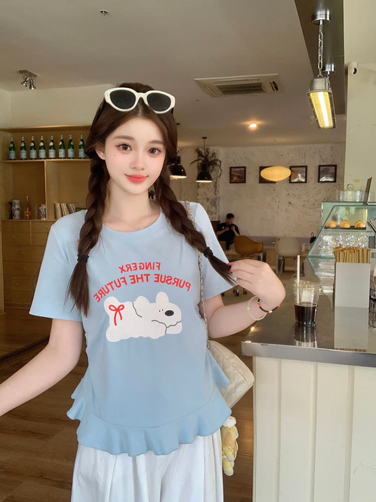 실사 2026 여름 드레스 새로운 지방 mm 빅 사이즈 여성 달콤함 만화 프린트 강아지 프릴 반팔 티셔츠 상세 이미지 4