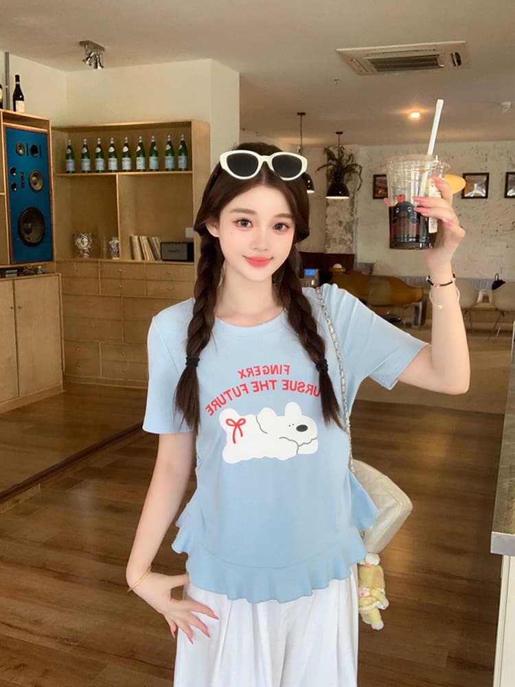 실사 2026 여름 드레스 새로운 지방 mm 빅 사이즈 여성 달콤함 만화 프린트 강아지 프릴 반팔 티셔츠 상세 이미지 5