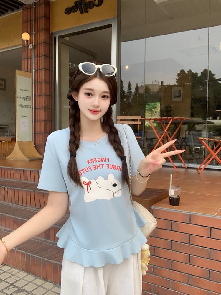 실사 2026 여름 드레스 새로운 지방 mm 빅 사이즈 여성 달콤함 만화 프린트 강아지 프릴 반팔 티셔츠 상세 이미지 8