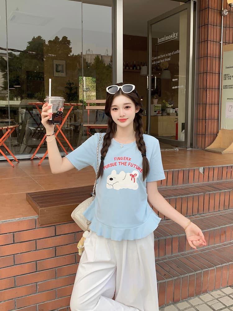 실사 2026 여름 드레스 새로운 지방 mm 빅 사이즈 여성 달콤함 만화 프린트 강아지 프릴 반팔 티셔츠 상세 이미지 10