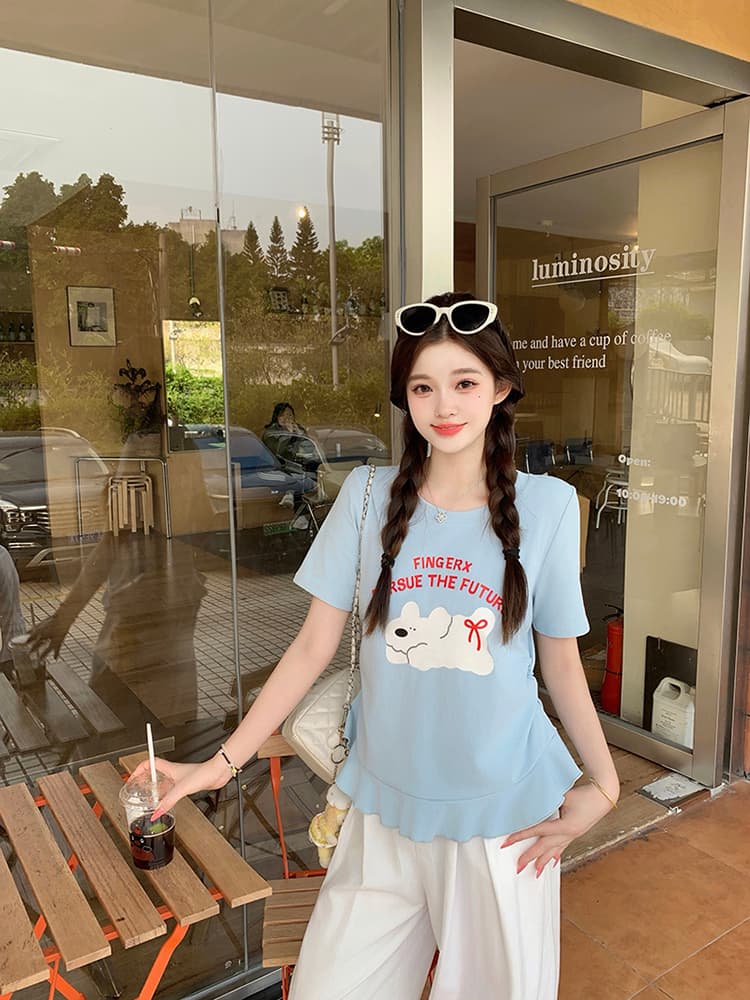 실사 2026 여름 드레스 새로운 지방 mm 빅 사이즈 여성 달콤함 만화 프린트 강아지 프릴 반팔 티셔츠 상세 이미지 12