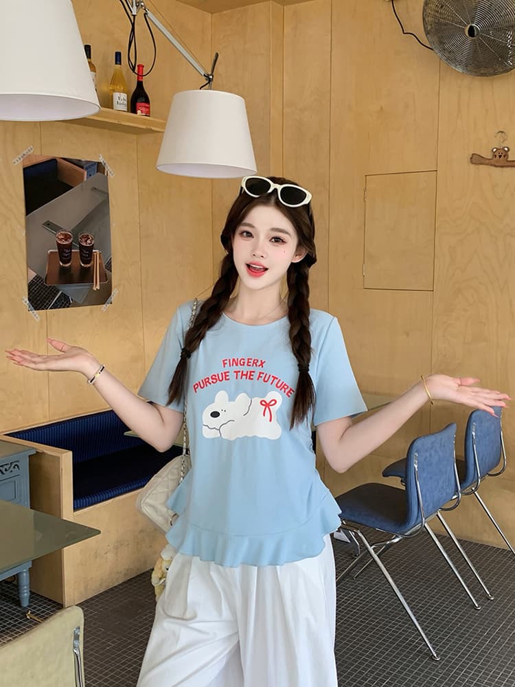 실사 2026 여름 드레스 새로운 지방 mm 빅 사이즈 여성 달콤함 만화 프린트 강아지 프릴 반팔 티셔츠 상세 이미지 13