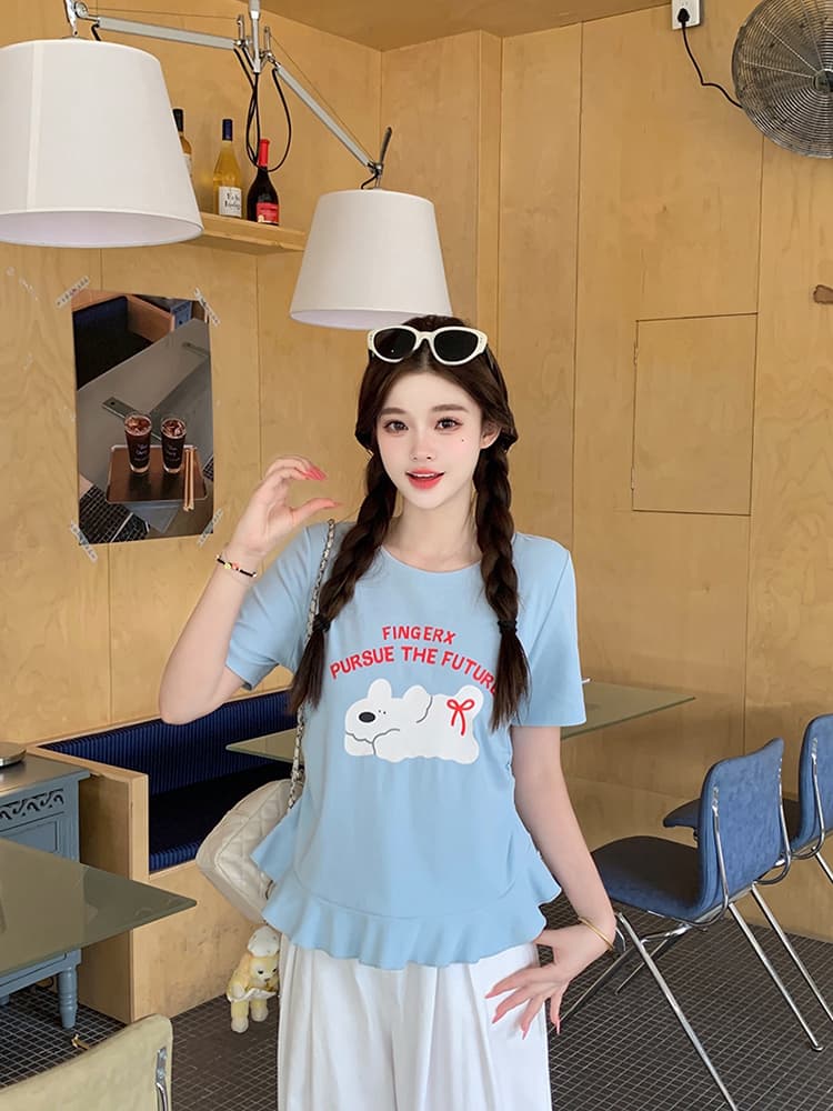 실사 2026 여름 드레스 새로운 지방 mm 빅 사이즈 여성 달콤함 만화 프린트 강아지 프릴 반팔 티셔츠 상세 이미지 14