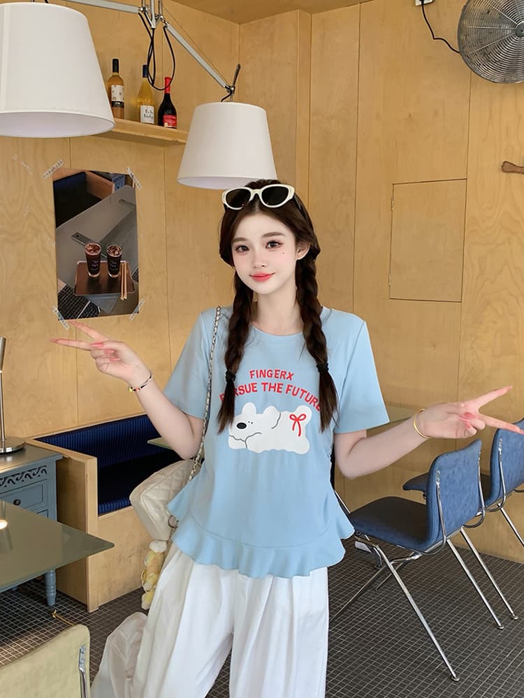 실사 2026 여름 드레스 새로운 지방 mm 빅 사이즈 여성 달콤함 만화 프린트 강아지 프릴 반팔 티셔츠 상세 이미지 15