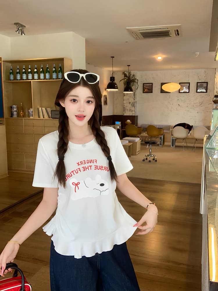 실사 2026 여름 드레스 새로운 지방 mm 빅 사이즈 여성 달콤함 만화 프린트 강아지 프릴 반팔 티셔츠 상세 이미지 17