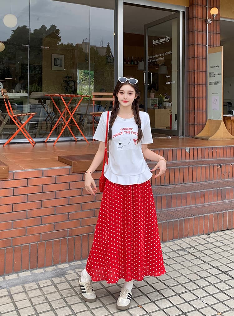 실사 2026 여름 드레스 새로운 지방 mm 빅 사이즈 여성 달콤함 만화 프린트 강아지 프릴 반팔 티셔츠 상세 이미지 26