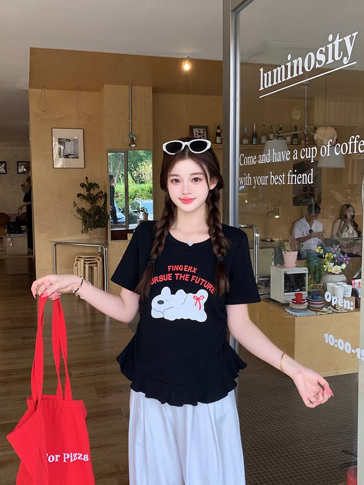 실사 2026 여름 드레스 새로운 지방 mm 빅 사이즈 여성 달콤함 만화 프린트 강아지 프릴 반팔 티셔츠 상세 이미지 28
