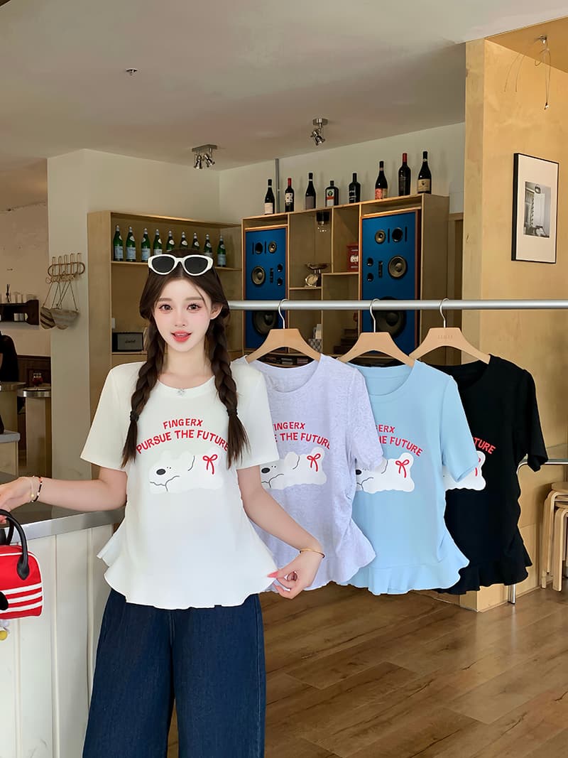 실사 2026 여름 드레스 새로운 지방 mm 빅 사이즈 여성 달콤함 만화 프린트 강아지 프릴 반팔 티셔츠 이미지 4