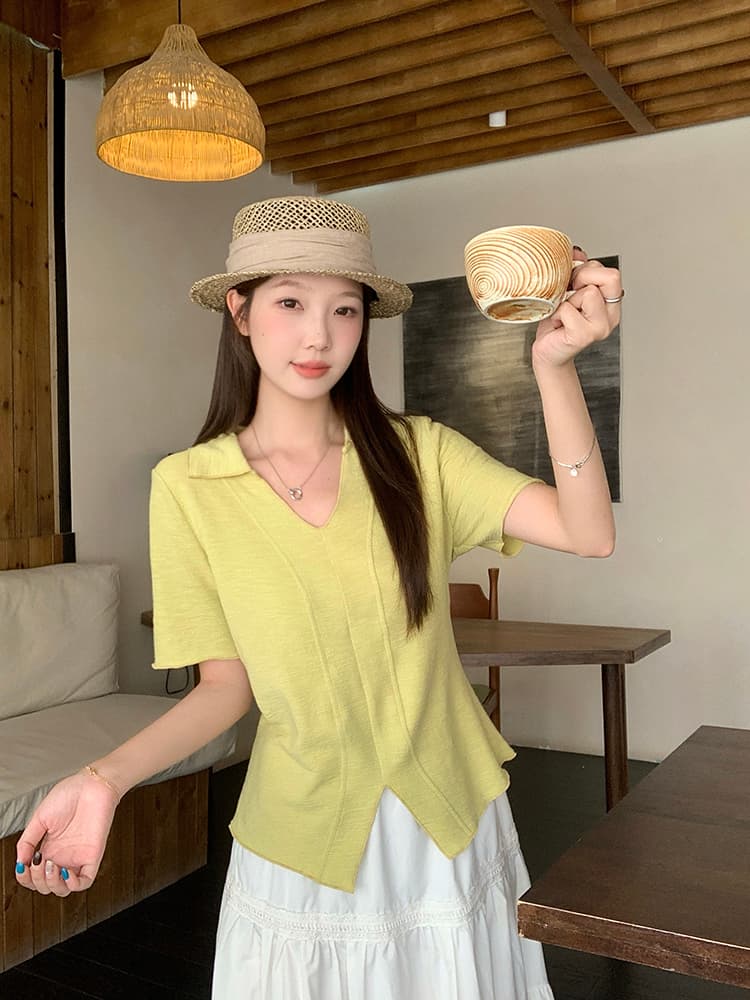 실사 2026 여름 드레스 새로운 지방 mm 빅 사이즈 여성 디자인 센스 폴로 칼라 몸매 가꾸기 슬림해 보이는 프릴 반팔 티셔츠 상세 이미지 8