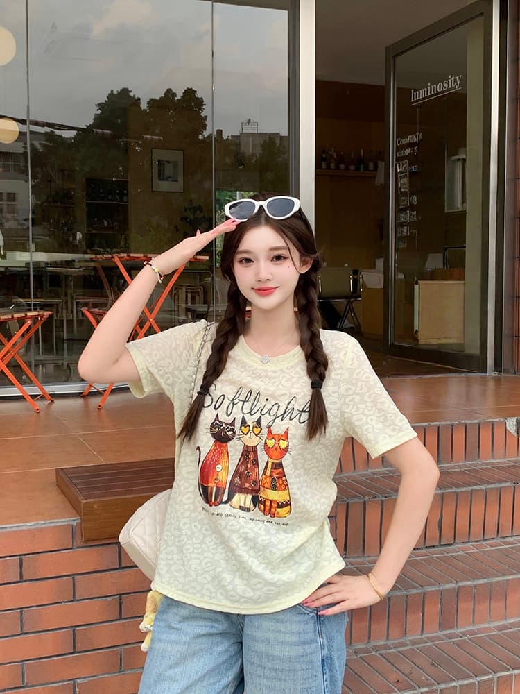 실사 2026 여름 드레스 새로운 지방 mm 빅 사이즈 여성 미니멀리즘 만화 프린트 라운드 넥 루즈핏 슬림해 보이는 반팔 티셔츠 상세 이미지 10