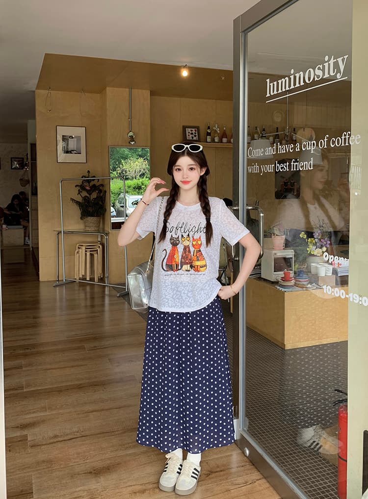 실사 2026 여름 드레스 새로운 지방 mm 빅 사이즈 여성 미니멀리즘 만화 프린트 라운드 넥 루즈핏 슬림해 보이는 반팔 티셔츠 상세 이미지 27