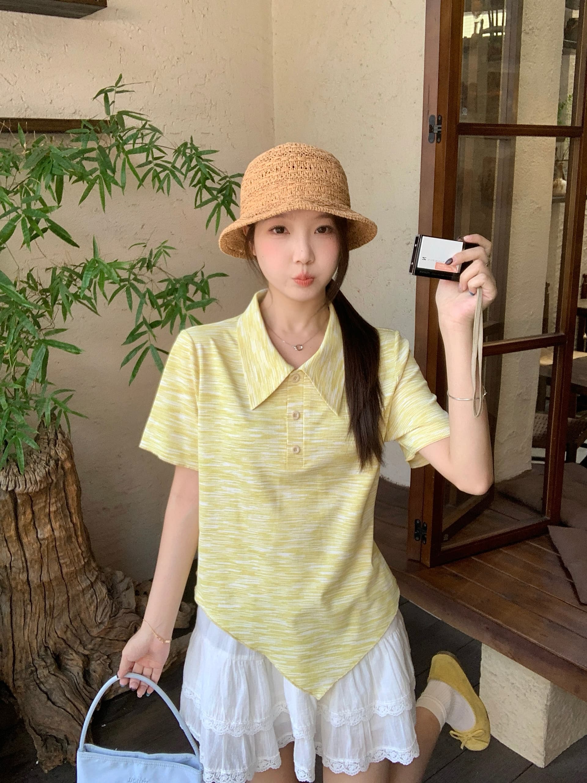 실사 2026 여름 드레스 새로운 지방 mm 빅 사이즈 여성 패션 홀치기 염색 폴로 칼라 도파민 불규칙 반팔 티셔츠 이미지 3