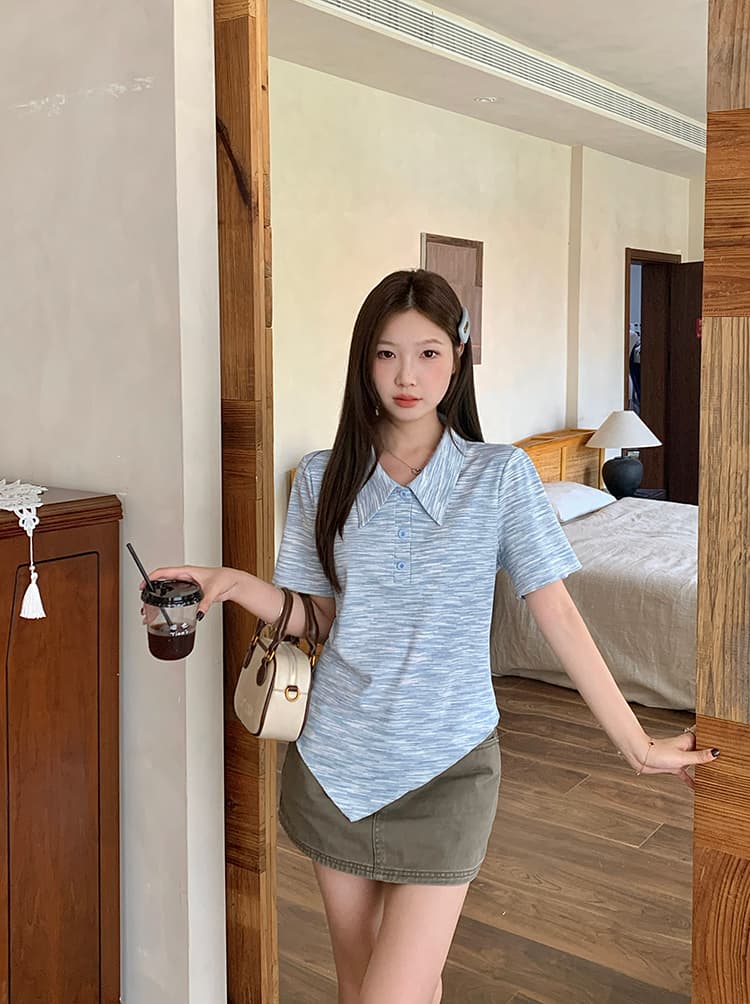 실사 2026 여름 드레스 새로운 지방 mm 빅 사이즈 여성 패션 홀치기 염색 폴로 칼라 도파민 불규칙 반팔 티셔츠 상세 이미지 8