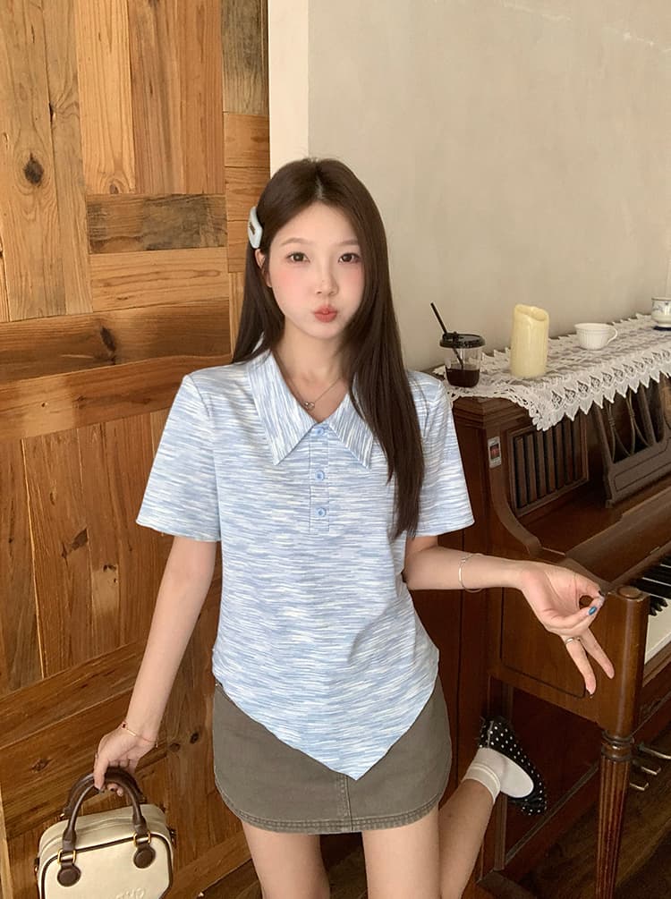 실사 2026 여름 드레스 새로운 지방 mm 빅 사이즈 여성 패션 홀치기 염색 폴로 칼라 도파민 불규칙 반팔 티셔츠 상세 이미지 10