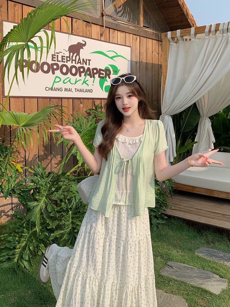 실사 2026 여름 드레스 새로운 지방 mm 빅 사이즈 여성 레저 슬립 카디건 코트 꽃무늬 반신 스커트 3종 세트 상세 이미지 6