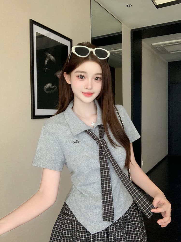 실사 2026 여름 드레스 새로운 지방 mm 빅 사이즈 여성 학원 스타일 POLO 칼라 넥타이 반팔 체크무늬 반신 치마 세트 상세 이미지 3
