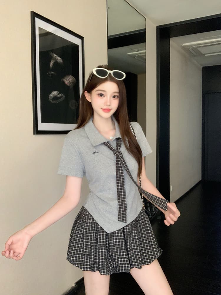 실사 2026 여름 드레스 새로운 지방 mm 빅 사이즈 여성 학원 스타일 POLO 칼라 넥타이 반팔 체크무늬 반신 치마 세트 상세 이미지 4